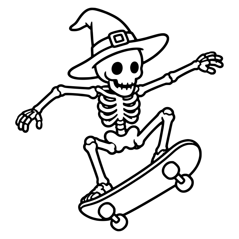 Skeleton Jumping Skateboard Trick in Witch Hat — free skeleton SVG cut file
