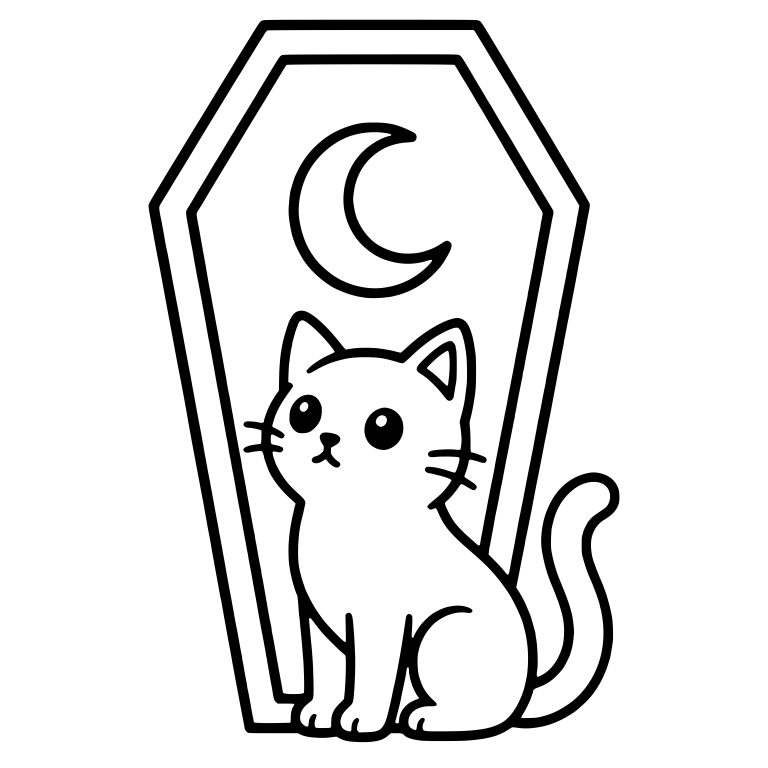 Sitting Cat Beside Upright Coffin With Crescent Moon — free animal SVG cut file