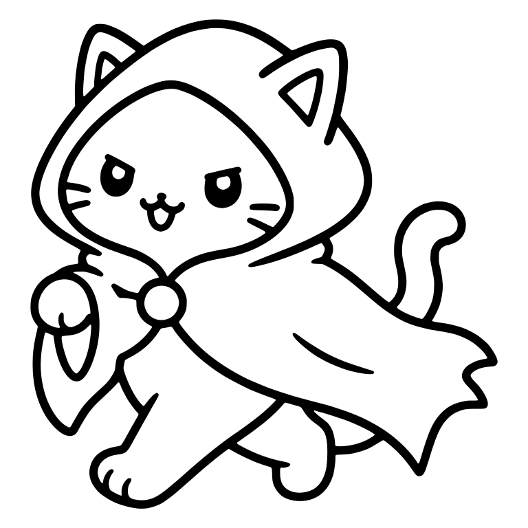 Fierce Kawaii Cat in a Flowing Hooded Cape Striding Forward — free animal SVG cut file