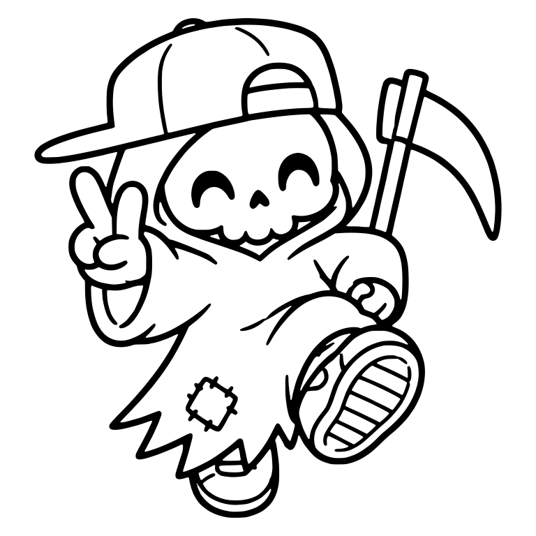 Kawaii Grim Reaper Mid-Stride In Cap With Peace Sign — free characters SVG cut file