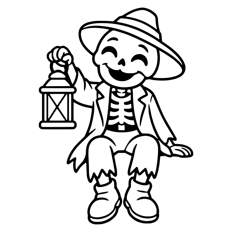 Laughing Skeleton Holding Lantern In Wide Brim Hat — free skeleton SVG cut file