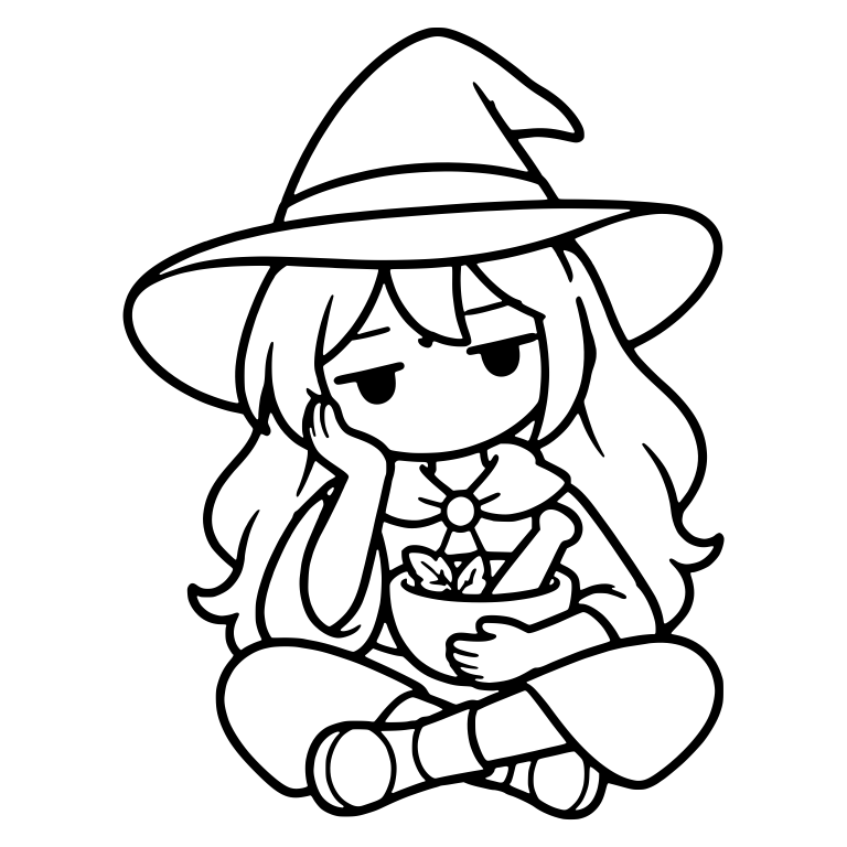 Bored Witch Sitting with Herb Mortar and Pestle — free characters SVG cut file