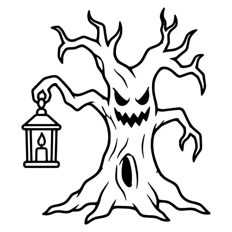 Toothy Grinning Tree with Lantern Held in Left Branch — free floral SVG cut file