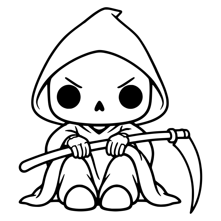 Scowling Sitting Grim Reaper Gripping Scythe on Knees — free characters SVG cut file