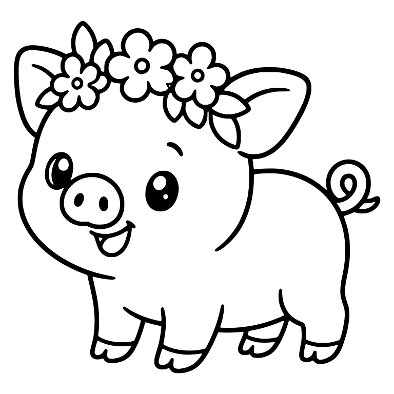 Standing Piglet with Flower Crown and Wide Grin — free animal SVG cut file