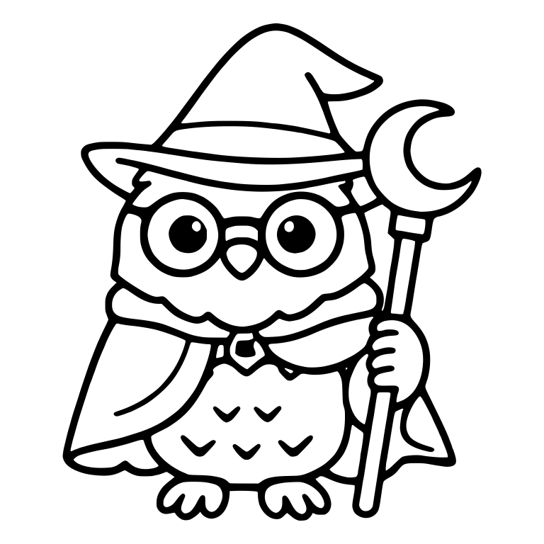Owl Wizard With Round Glasses and Crescent Moon Staff — free animal SVG cut file