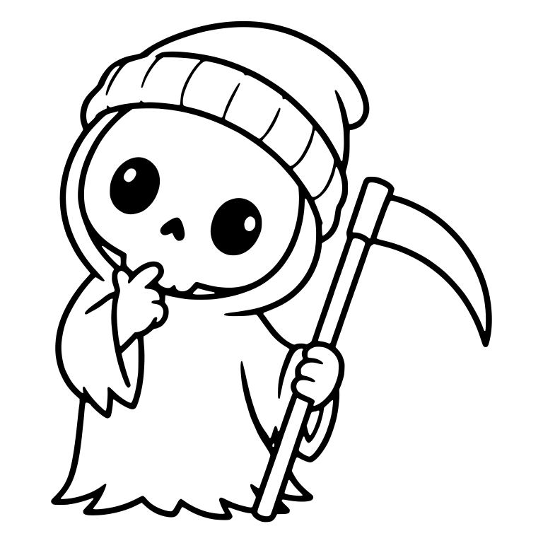 Head-Tilted Beanie Reaper Pondering With Scythe — free characters SVG cut file