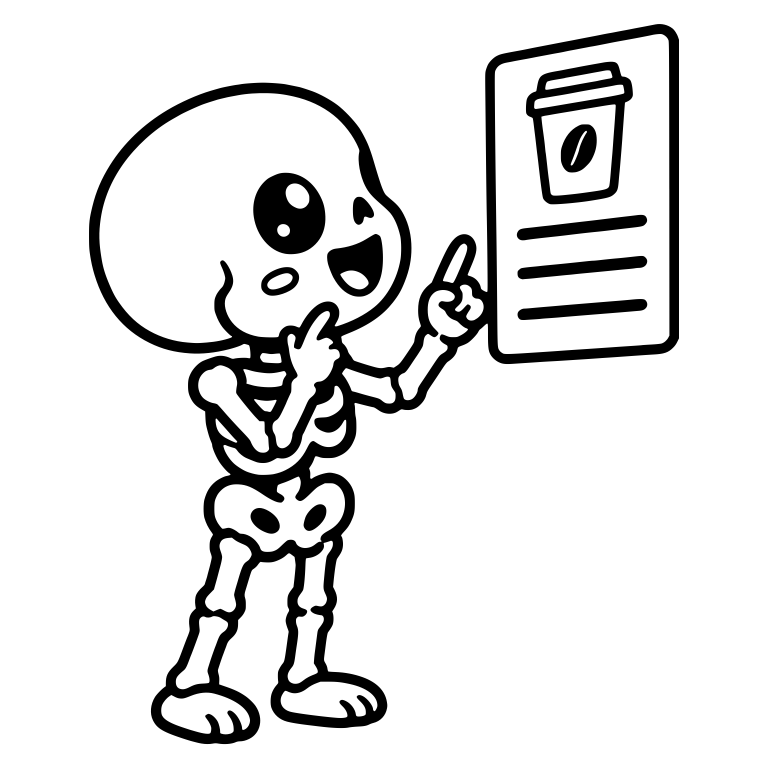 Kawaii Skeleton Pointing at a Coffee Menu Board — free skeleton SVG cut file