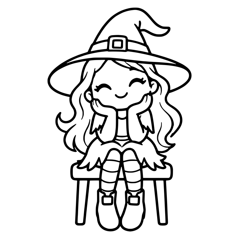 Dreamy Witch on a Stool With Chin in Hands — free characters SVG cut file