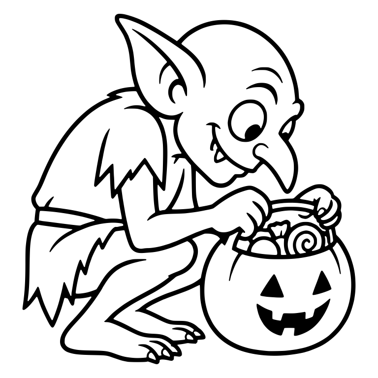 Goblin Crouching Over Pumpkin Bucket Full of Candy — free fantasy-creature SVG cut file