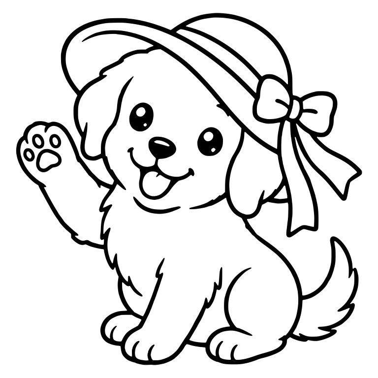 Waving Puppy in Sun Hat With Ribbon Bow — free animal SVG cut file
