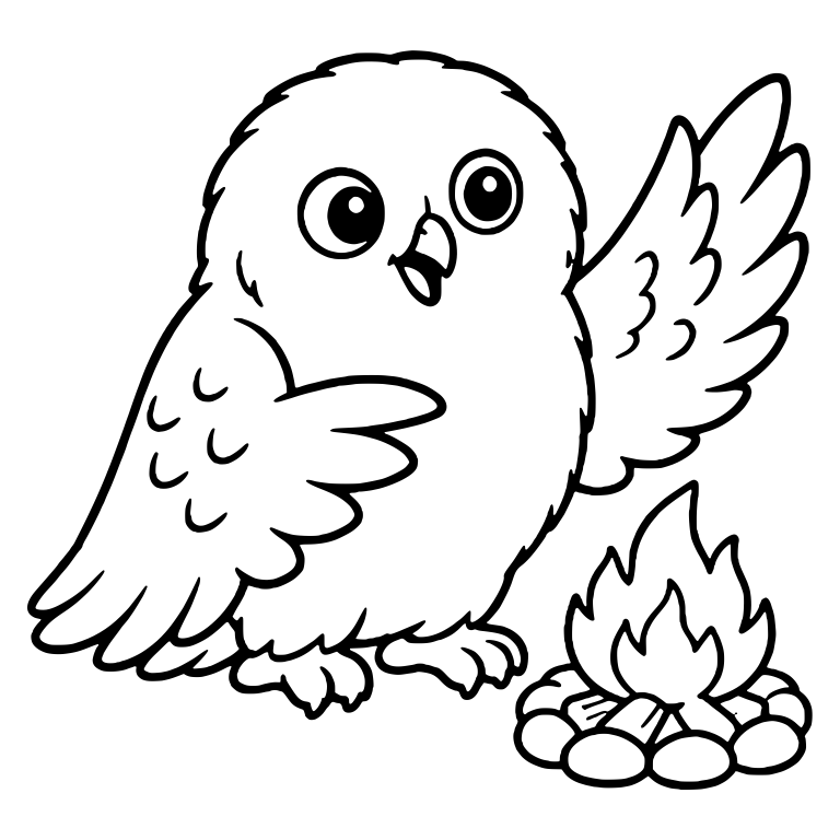 Fluffy Owl with Wing Raised High Beside Campfire — free animal SVG cut file