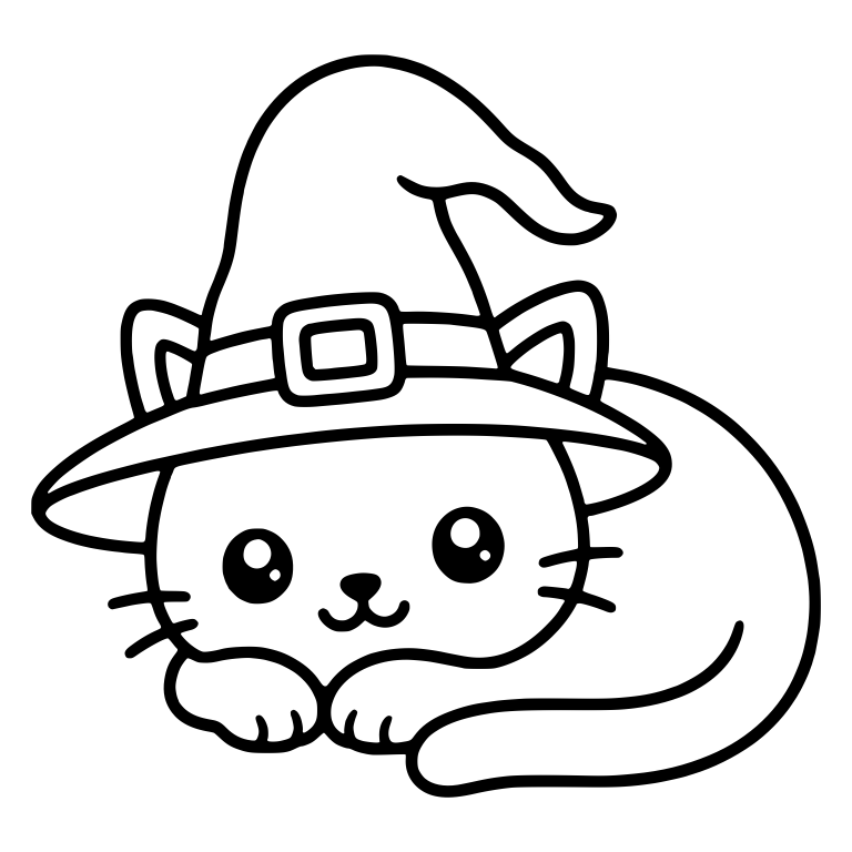 Lounging Cat in Witch Hat Resting on Paws — free animal SVG cut file
