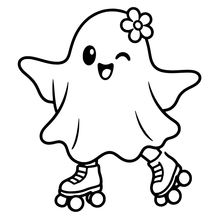 Winking Ghost With Flower On Roller Skates — free fantasy-creature SVG cut file