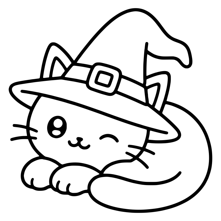 Winking Kawaii Cat Lying Down in Witch Hat — free animal SVG cut file