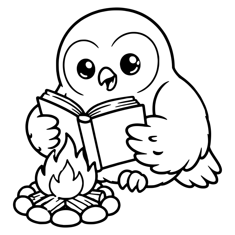 Owl Reading Open Book with Campfire on Left — free animal SVG cut file