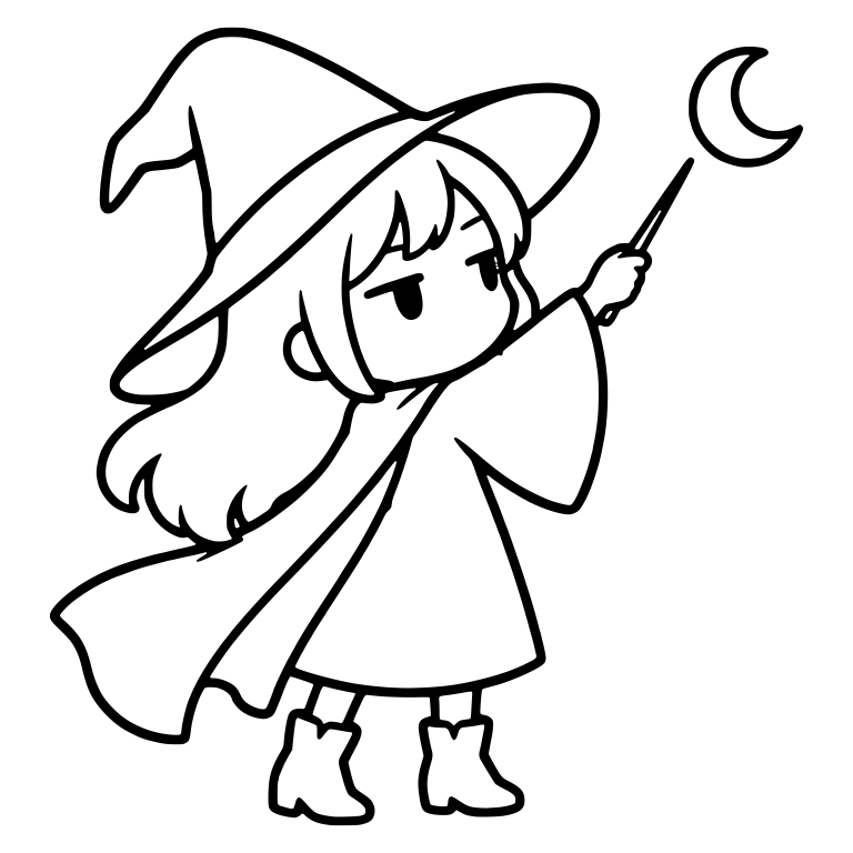 Bored Witch Raising Wand Toward Crescent Moon in Cape — free characters SVG cut file