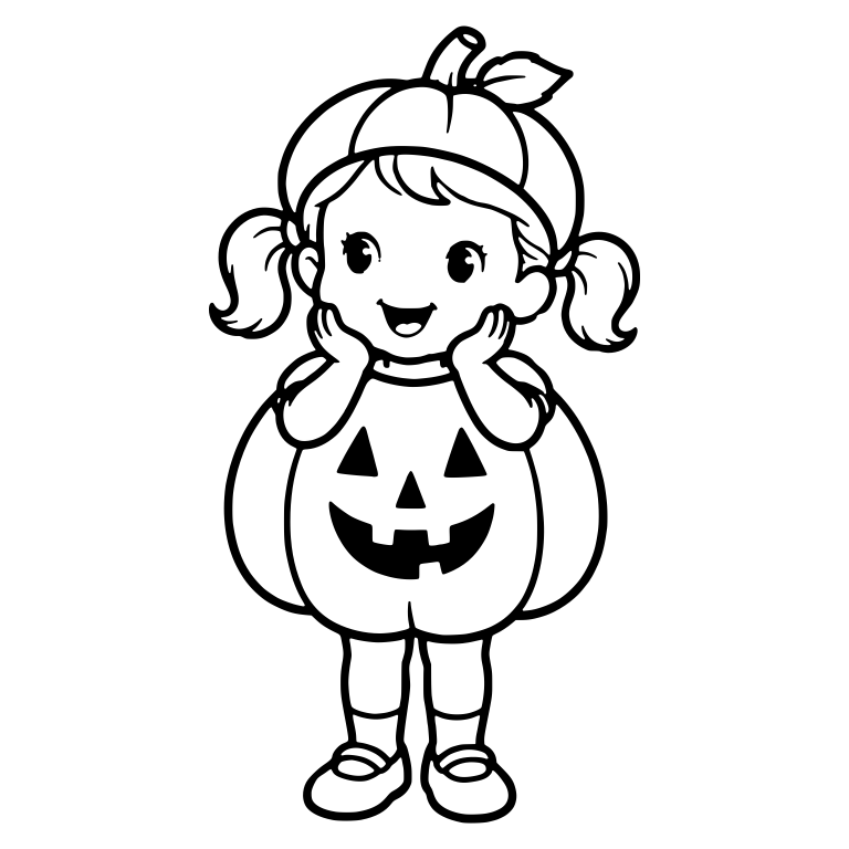 Girl in Pumpkin Costume With Pigtails and Hands on Cheeks — free characters SVG cut file