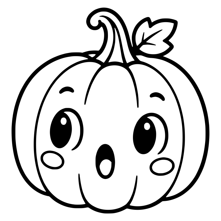 Surprised Kawaii Pumpkin With Curly Stem and Leaf — free holiday SVG cut file