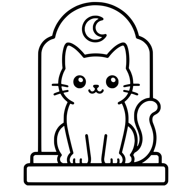 Sitting Cat in Front of Tombstone With Crescent Moon — free animal SVG cut file