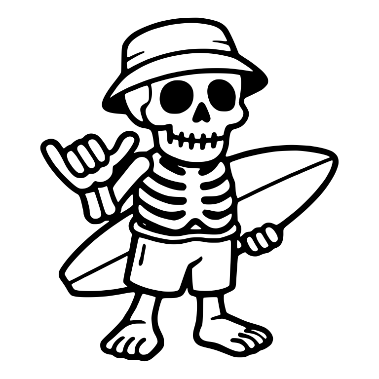 Skeleton in Bucket Hat Giving Shaka Holding Surfboard — free skeleton SVG cut file