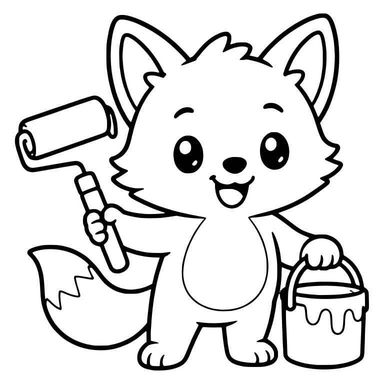 Kawaii Fox Holding a Paint Roller and Bucket of Paint — free animal SVG cut file