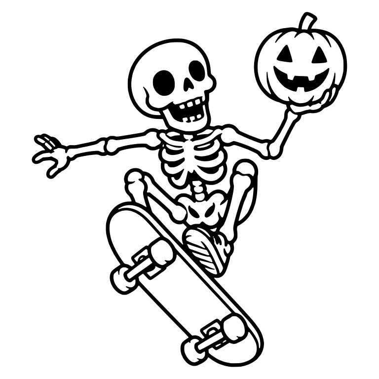 Skeleton Tossing Pumpkin During Skateboard Flip — free skeleton SVG cut file