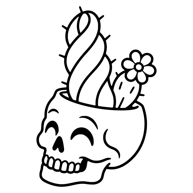 Tilted Laughing Skull Planter With Twisted Spiral Cactus — free skeleton SVG cut file