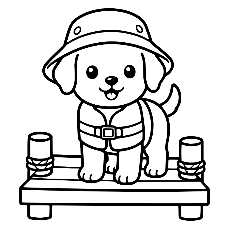 Puppy in Bucket Hat and Life Vest Standing on Dock — free animal SVG cut file