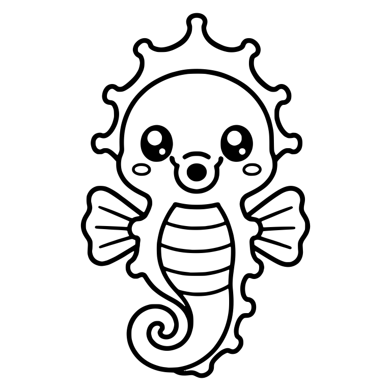 Front-Facing Kawaii Seahorse with Frilled Halo and Fins — free animal SVG cut file
