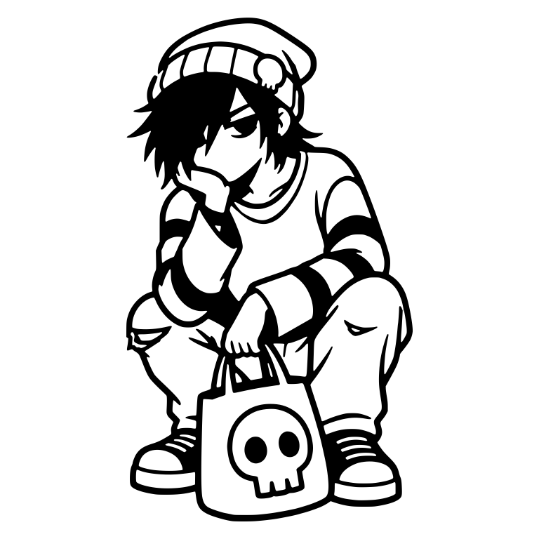Squatting Emo Boy in Beanie Holding Skull Tote Bag — free characters SVG cut file