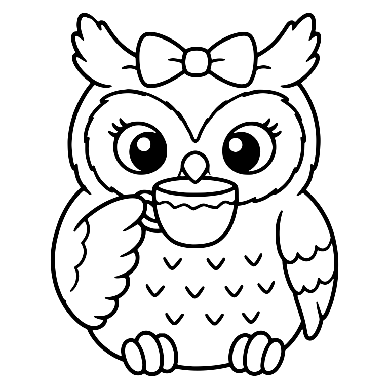 Owl With Bow and Eyelashes Sipping From Teacup — free animal SVG cut file
