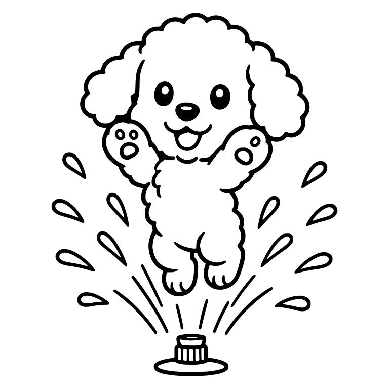 Curly Puppy Jumping With Paws Up by Sprinkler — free animal SVG cut file