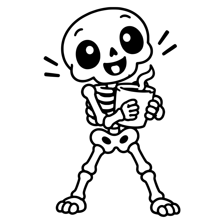 Skeleton Hugging Steaming Coffee Mug with Excitement Lines — free skeleton SVG cut file