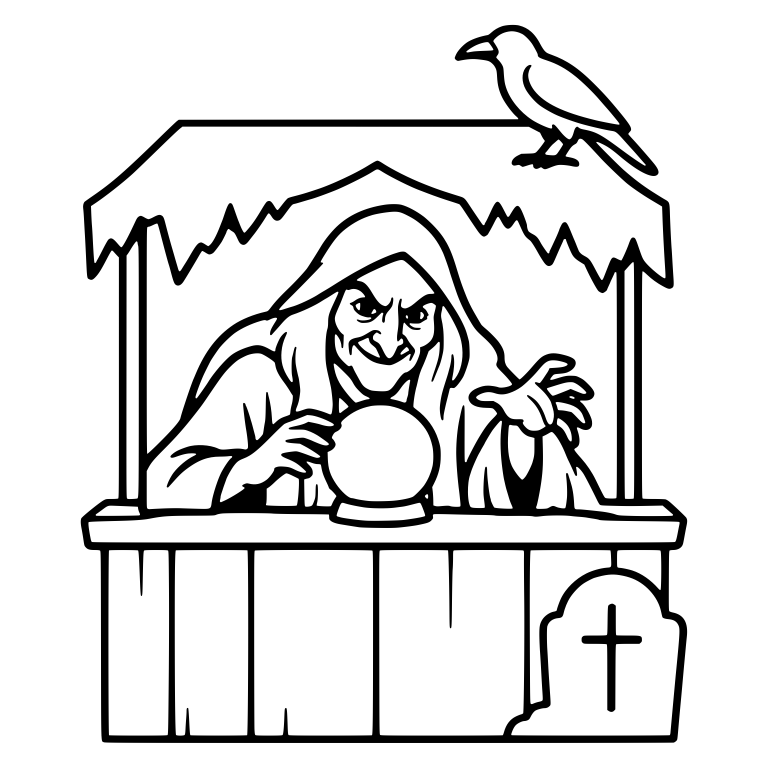 Crone Fortune Teller Booth With Raven and Gravestone — free characters SVG cut file