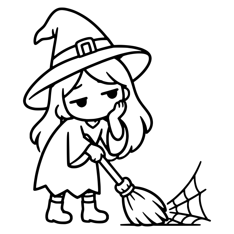 Bored Witch Sweeping Cobweb With Broom Hand On Cheek — free characters SVG cut file