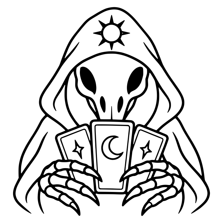 Hooded Skull Holding Tarot Cards with Sun Symbol — free skeleton SVG cut file