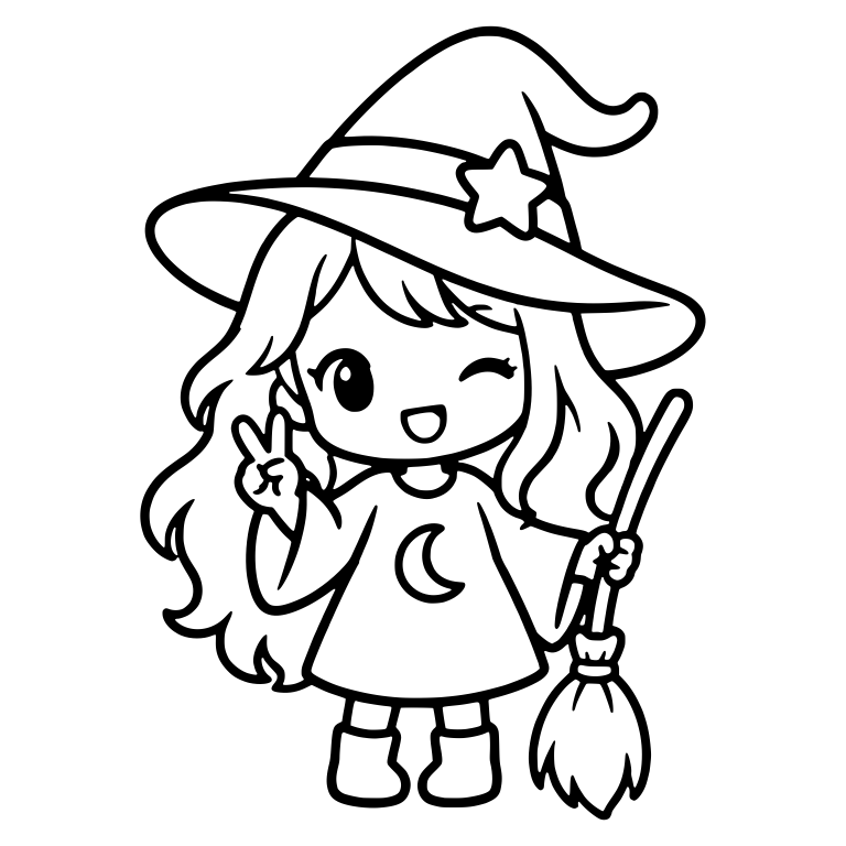Winking Witch With Broom And Crescent Moon Dress — free characters SVG cut file