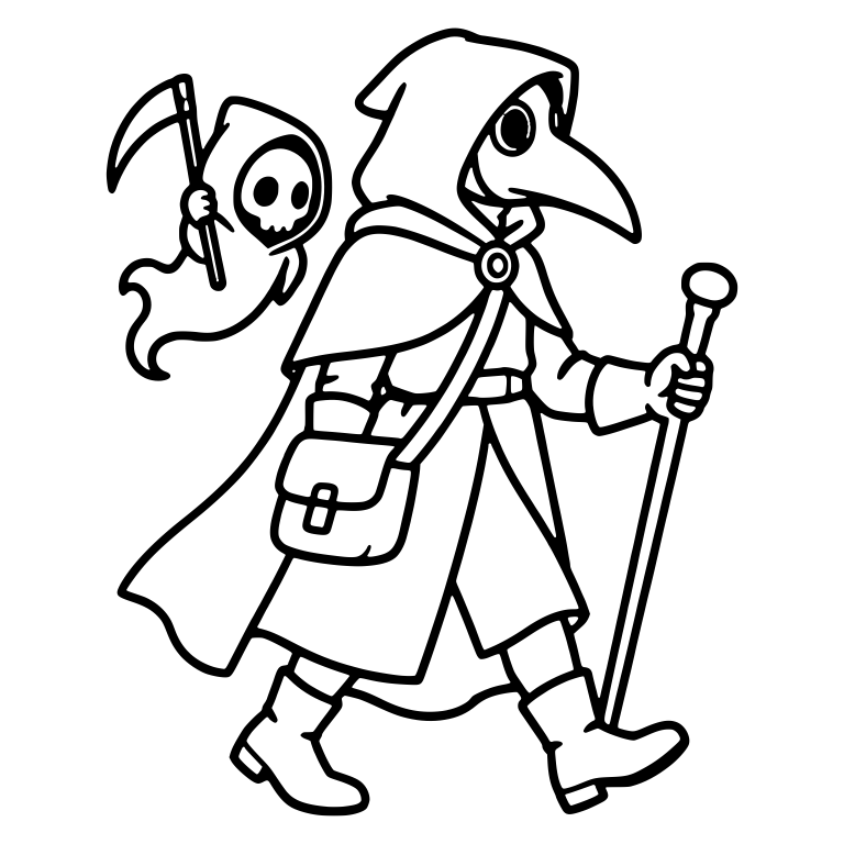 Hooded Plague Doctor Walking with Floating Mini Reaper — free characters SVG cut file