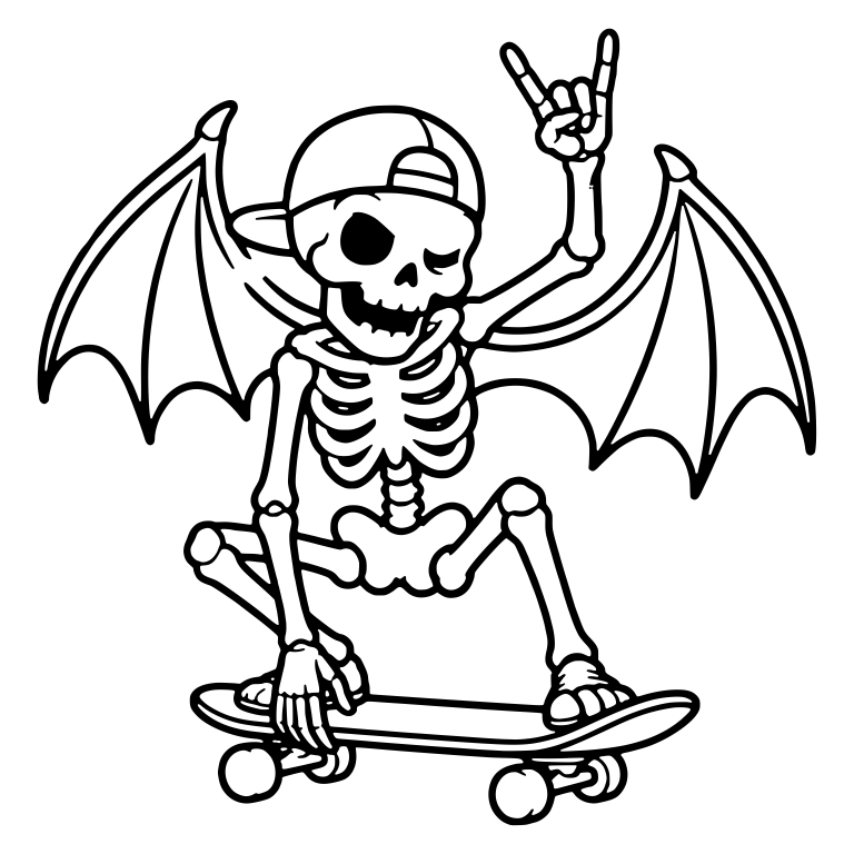 Skeleton with Bat Wings and Cap on Skateboard — free skeleton SVG cut file