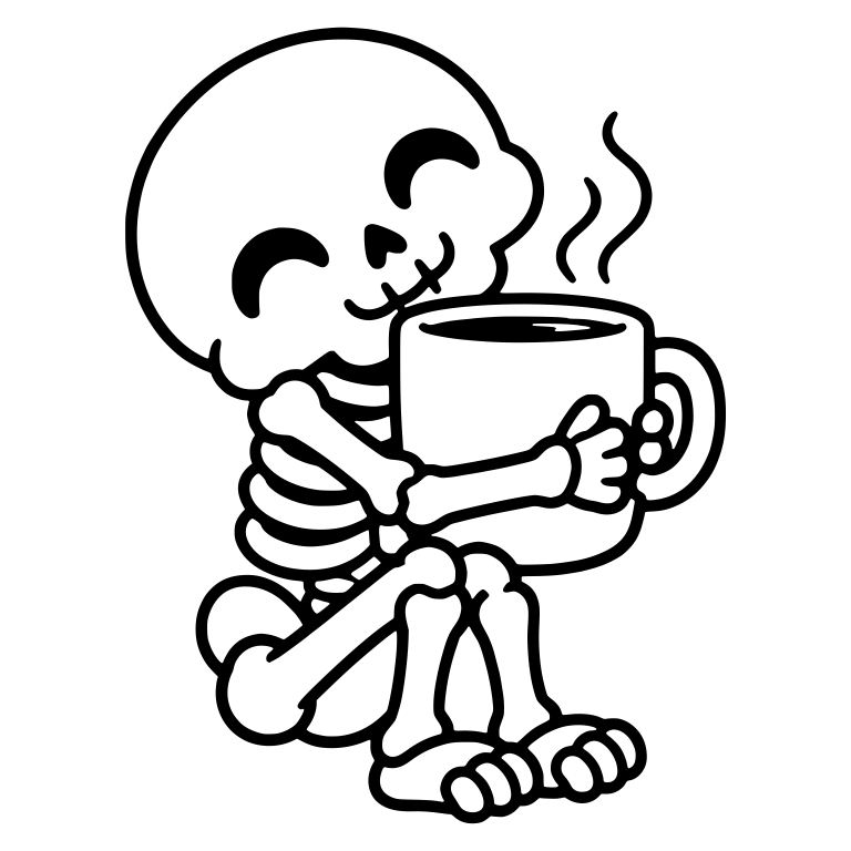Sitting Skeleton Cuddling a Big Coffee Cup — free skeleton SVG cut file