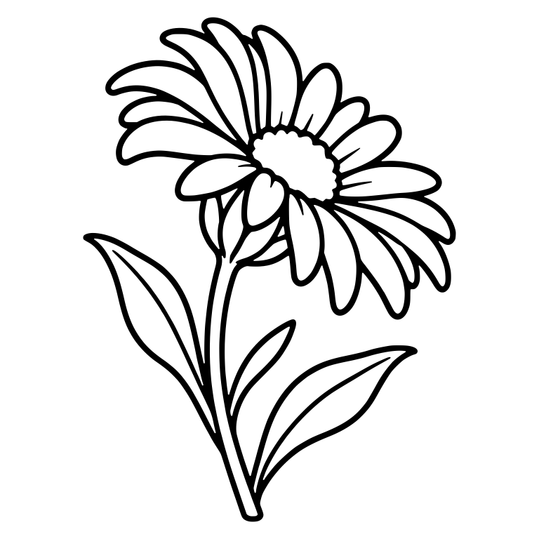 Tilted Aster Bloom on Curved Stem With Three Leaves — free floral SVG cut file