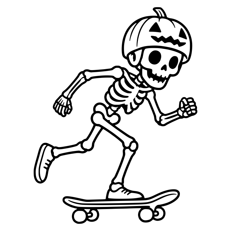 Skateboarding Skeleton With Pumpkin Helmet Pushing Off — free skeleton SVG cut file