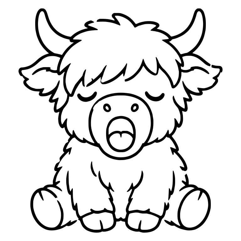 Kawaii Sitting Highland Cow Yawning with Closed Eyes — free animal SVG cut file
