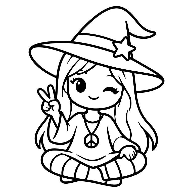 Cross-Legged Witch Winking With Peace Sign And Star Hat — free characters SVG cut file