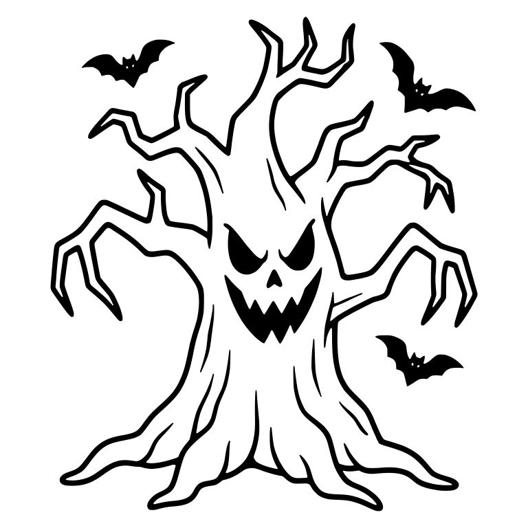 Clawed Haunted Tree with Jagged Grin and Three Bats — free floral SVG cut file