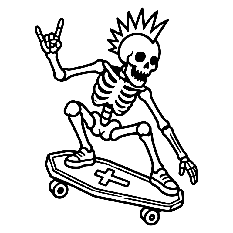 Mohawk Skeleton on Coffin Skateboard Rocking Horns — free skeleton SVG cut file
