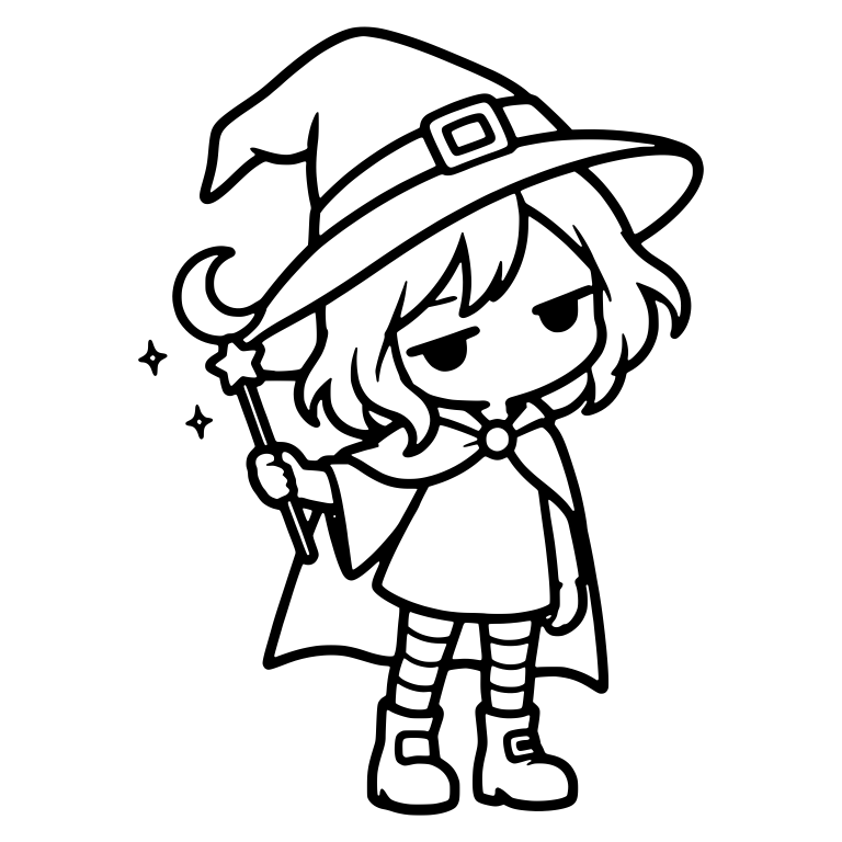Bored Witch With Star Wand, Crescent Moon and Sparkles — free characters SVG cut file