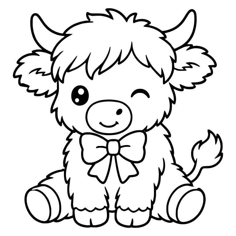 Winking Sitting Highland Calf with Neck Bow — free animal SVG cut file