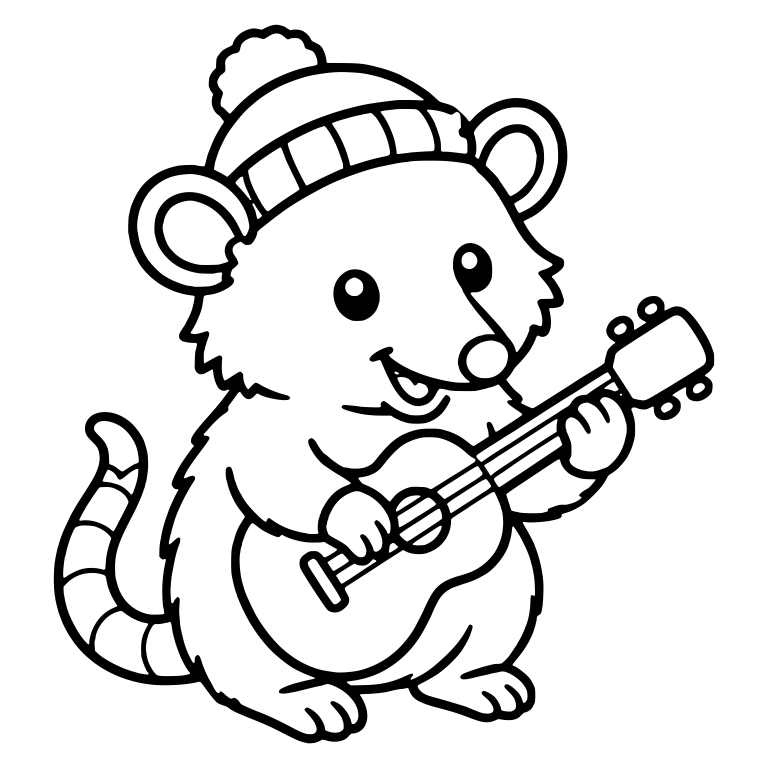 Kawaii Possum in Pom-Pom Beanie Playing Guitar — free animal SVG cut file